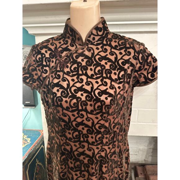 VINTAGE SHANGHAI TANG SILK BURNOUT VELVET CHEONGSAM DRESS - Picture 2 of 9